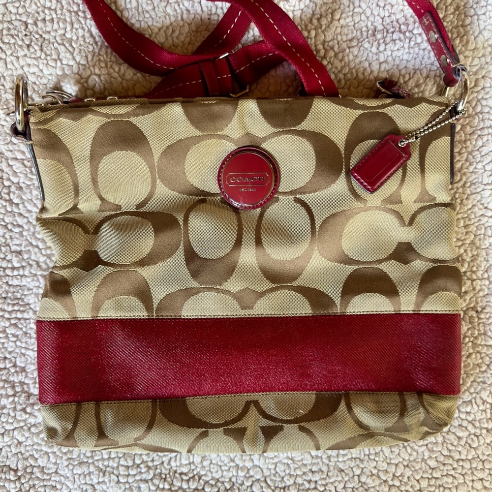 Coach Signature Logo Red and Brown Crossbody Bag
